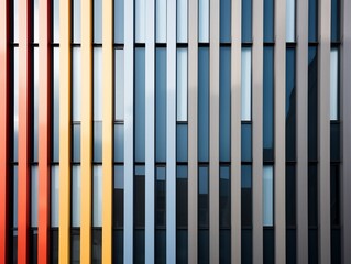 Obraz premium Modern building facade with colorful vertical stripes and windows.