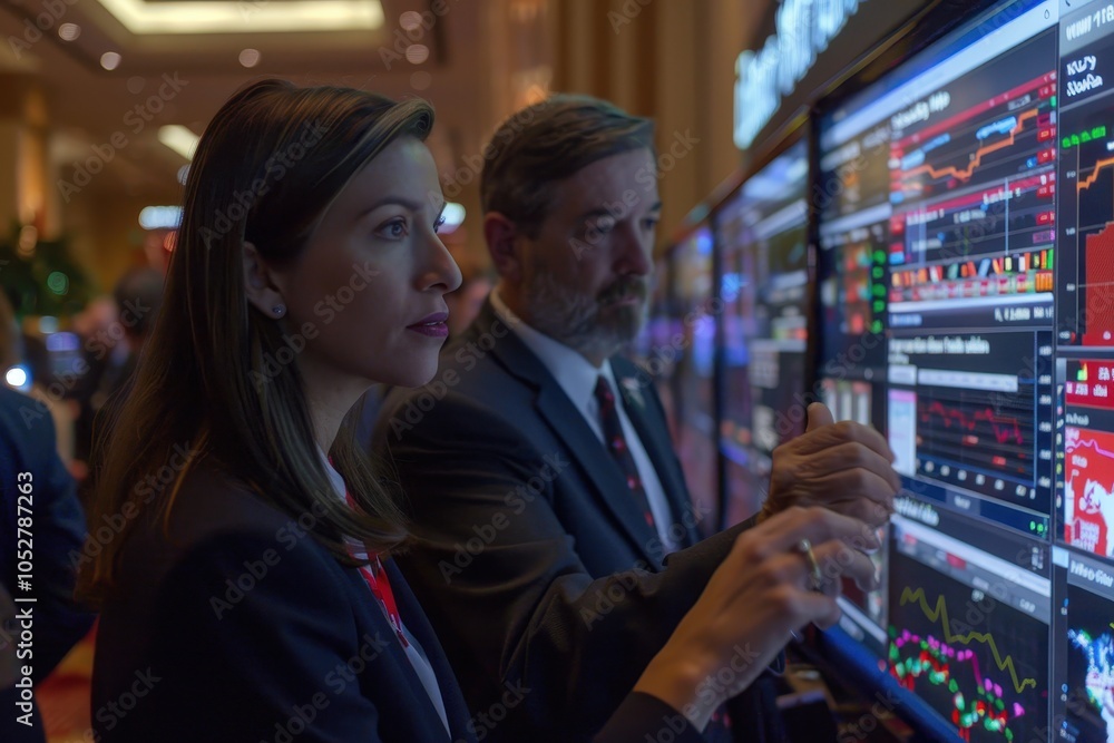 Poster a woman and a man are looking at a computer screen with a lot of numbers