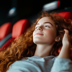 Naklejka premium redhead woman long hair sitting theater relaxing environment turning head smiling female ascending sky white skin color knightly repose driving car visual young blonde red comfort