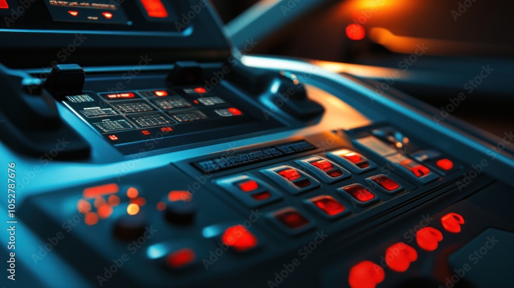 Poster a close-up shot of a futuristic control panel with red buttons and a digital display.