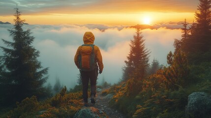 Fototapeta premium Hiker overlooking a misty valley at sunrise.