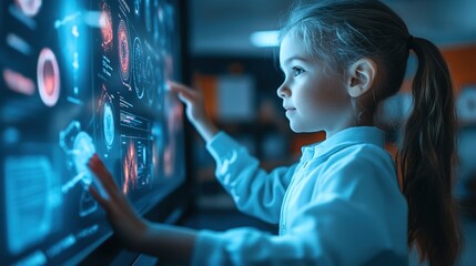 Fototapeta premium Child interacting with a large touchscreen display of 3D solar system models in a classroom, face glowing with excitement and curiosity, showcasing the joy of learning through technology.