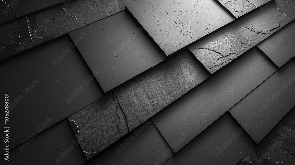 Poster a close-up of textured black slate tiles arranged in a layered pattern.
