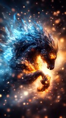 A mythical creature, a fiery horse, bursts through a field of sparks, illuminated with blue and orange hues.