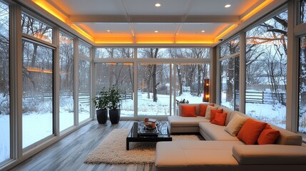 Modern living room with large windows overlooking a snowy winter landscape.