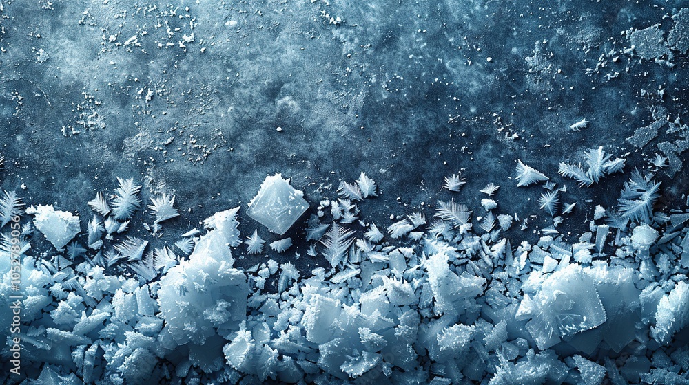 Poster a close-up view of ice crystals and frozen textures, showcasing intricate patterns.