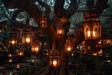 Obraz premium A tree with many lights hanging from it