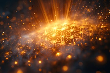The golden tones and geometric flower-of-life design create a warm, inviting atmosphere that feels both mystical and harmonious.
