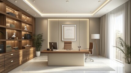 Modern office interior with a large wooden desk, a computer, a chair, a bookcase, a framed certificate on the wall, and a floor lamp.