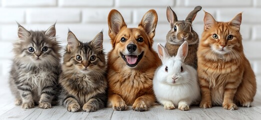 A cheerful gathering of pets, including cats, a dog, and a rabbit.