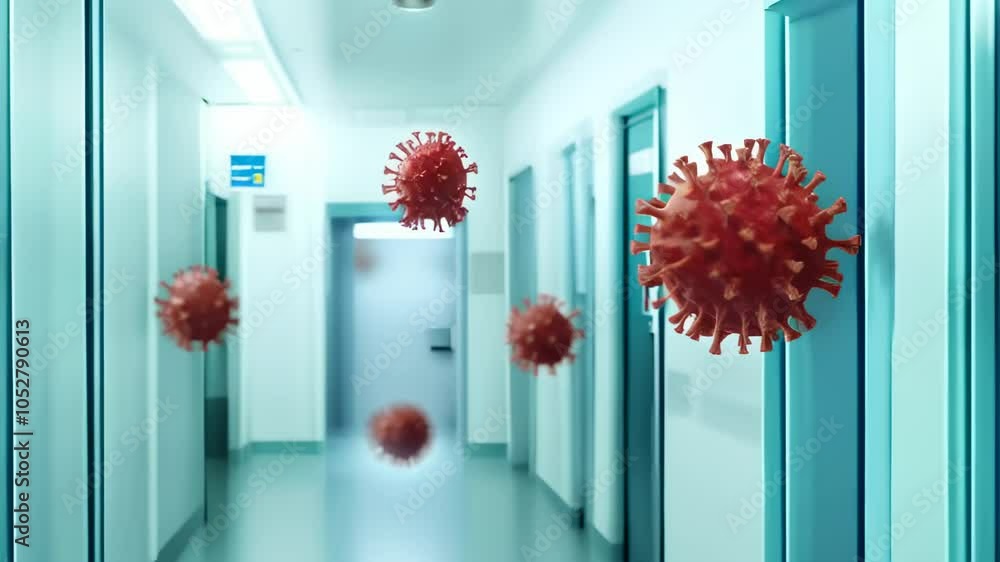 Aufkleber microscopic view of virus particles floating in a blurred hospital corridor, symbolizing the spread 