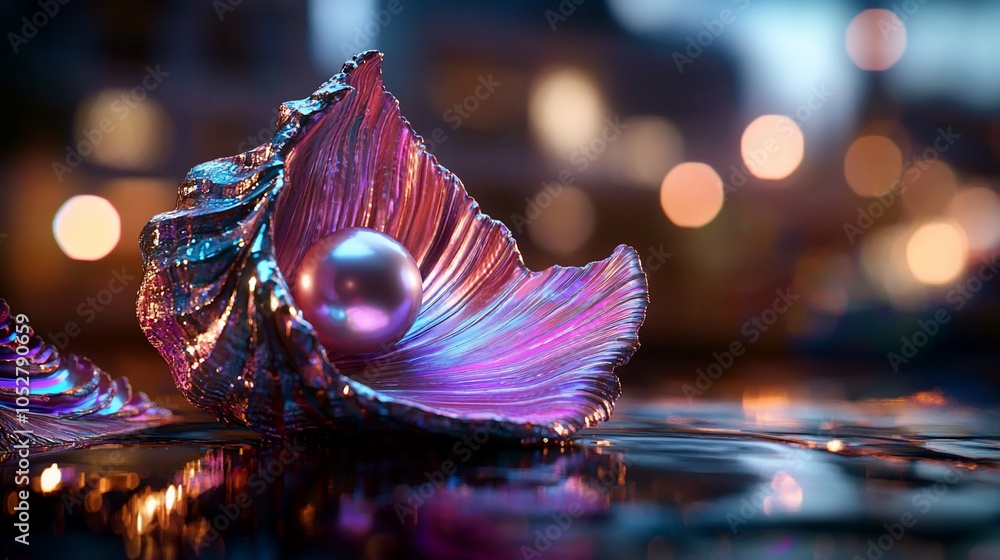 Aufkleber a shiny iridescent seashell with a pearl inside, illuminated with a soft glow and reflected on a dar