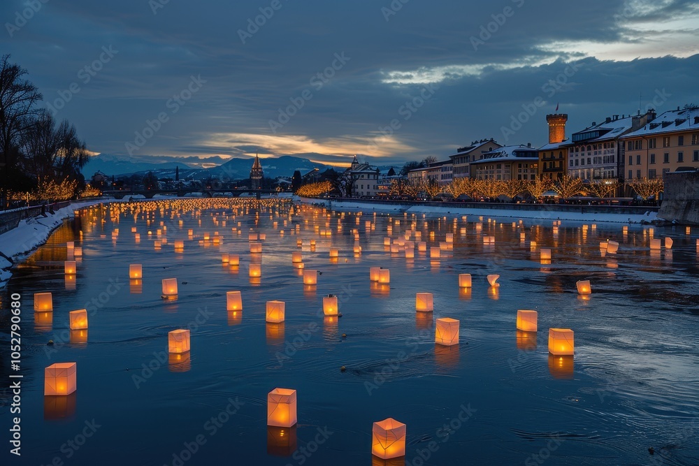 Poster a river is lit up with many candles floating on it