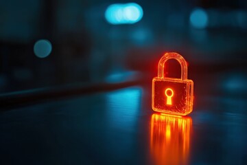 A glowing lock symbolizing security on a reflective surface.