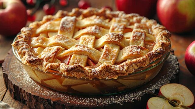 A freshly baked apple pie sits on a wooden surface, surrounded by apples