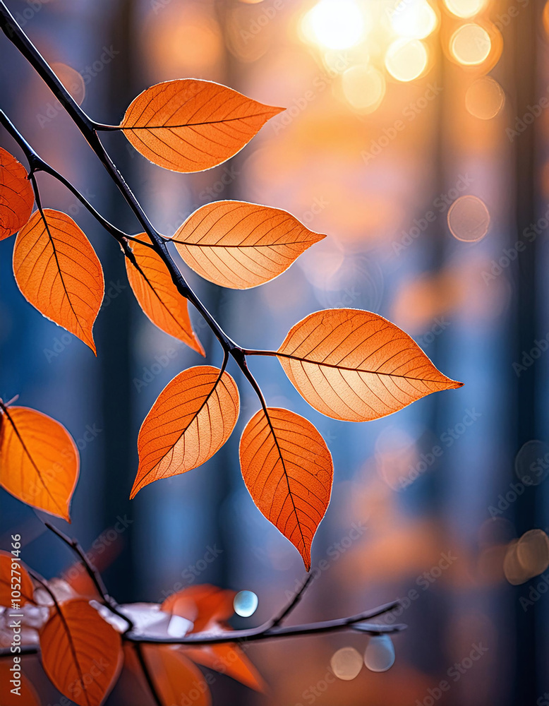 Poster orange leaves on a branch with blurred bokeh background. generative ai