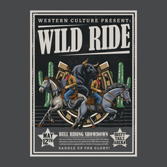 Wild Ride Cowboy Riding Horse and Buffalo Bull in Western Vintage Vector Illustration for poster, flyer, social media, web pages, print media, greeting card, invitation, banner