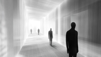 Fototapeta premium Silhouetted figures walk through a futuristic, illuminated corridor, AI