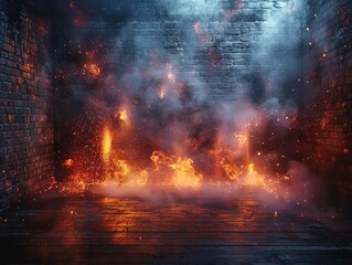 Fototapeta premium A dramatic scene of flames and smoke in a dimly lit, brick-walled environment.