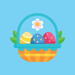 Fototapeta premium A basket of colorful Easter eggs with a flower on top.