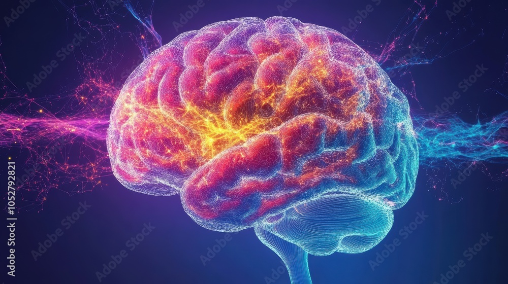 Poster four-taking representation of a human brain focused on neural networks
