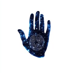 Fototapeta premium Hand silhouette filled with a cosmic galaxy pattern, white isolated background