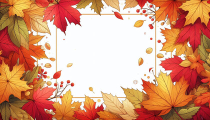 Autumn background with colored maple leaves framing a illustration on a white background. Generative AI.