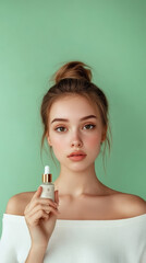 A beautiful young woman with natural makeup holds a skincare serum bottle, promoting beauty and skincare routines on a green background.
