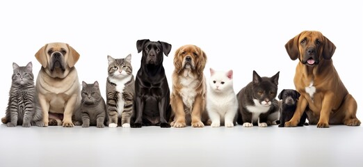 A lineup of various dogs and cats sitting together.