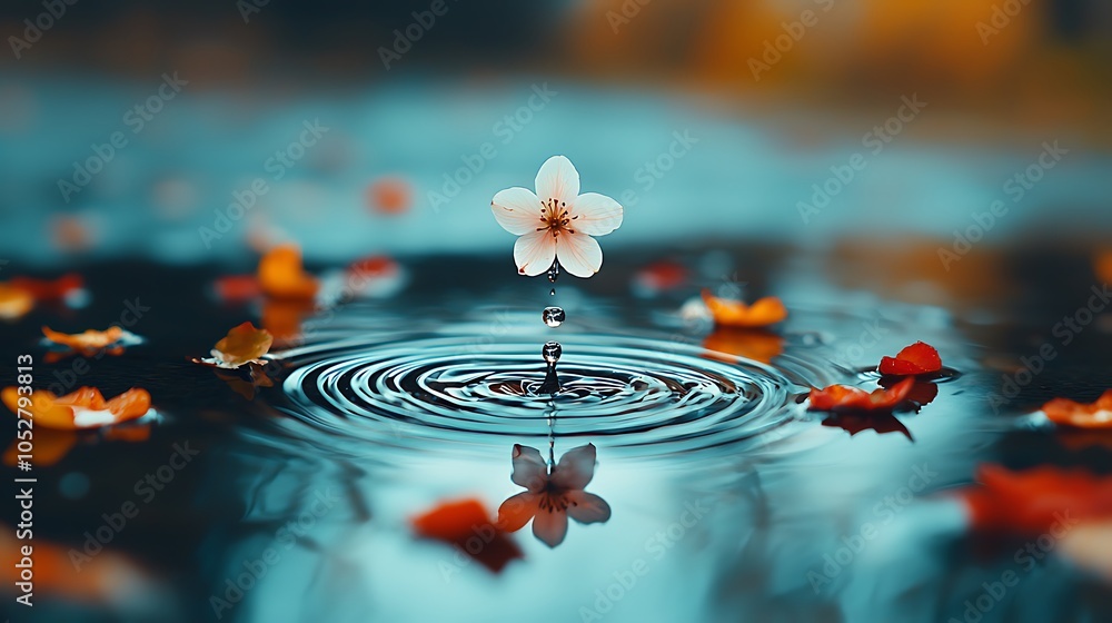 Poster raindrops creating ripples in a puddle filled with fallen petals