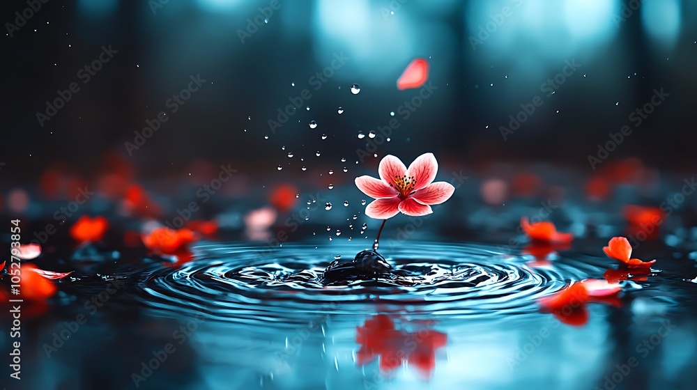 Poster raindrops creating ripples in a puddle filled with fallen petals