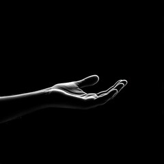 Obraz premium Outstretched hand against a black background, symbolizing openness or giving.