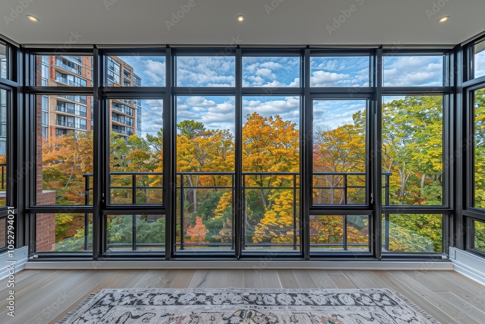 Poster a large window with a view of trees and a building in the background