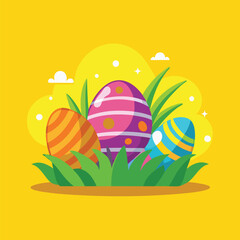 Colorful Easter eggs nestled in green grass.