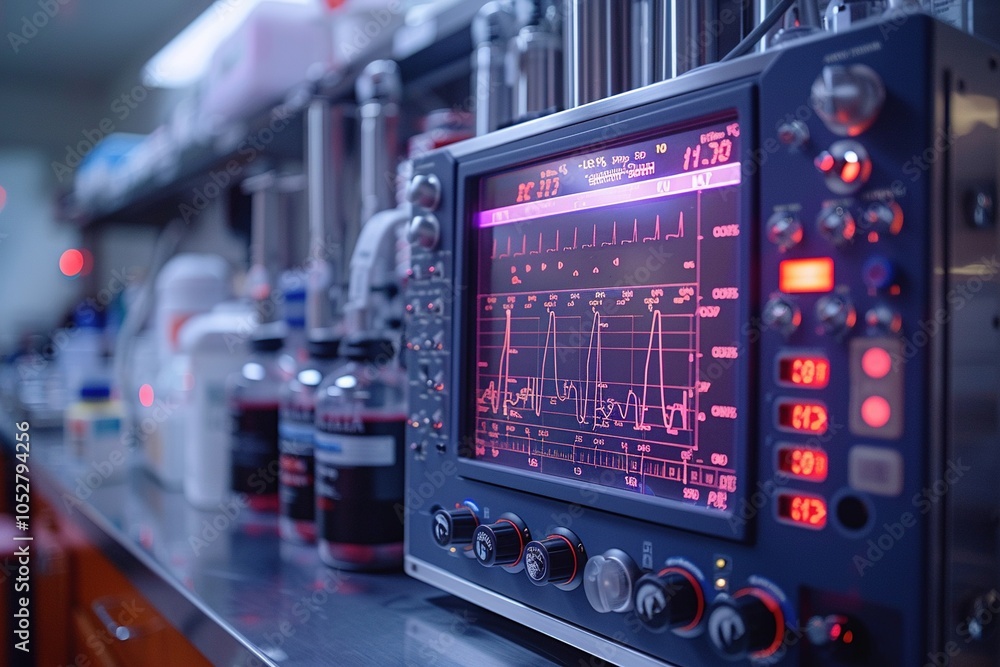 Poster a laboratory instrument displaying data, surrounded by various scientific containers.