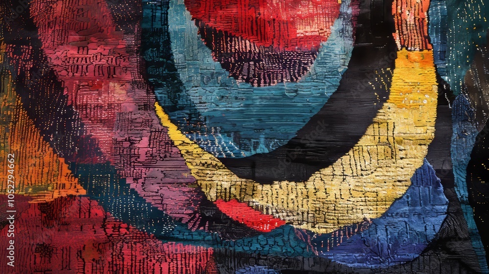Poster a vibrant abstract painting featuring a swirl of bold colors and textures that create an intricate a