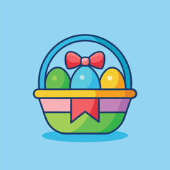 Fototapeta premium Colorful Easter basket with eggs and a bow.