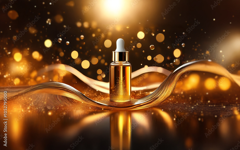 Poster a glass bottle of golden serum with a dropper sits on a golden wave against a dark background with s