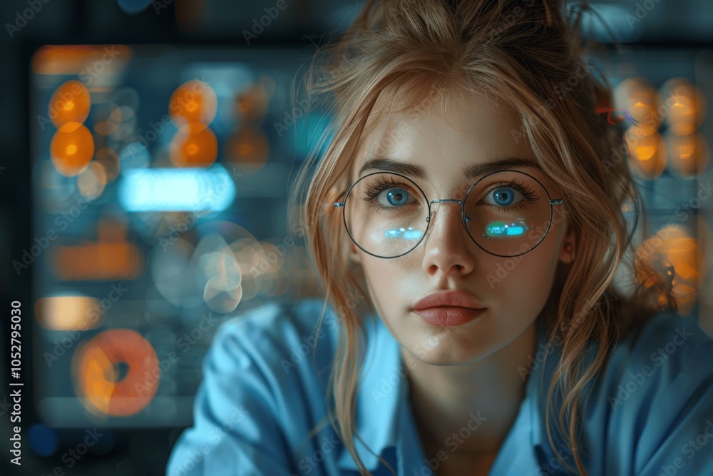 Poster female engineer in dark office analyzing complex data on multiple screens with futuristic tech