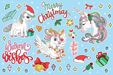 Christmas collection with winter unicorns stickers vector