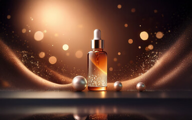 Fototapeta premium A glass bottle of serum with a dropper sits on a dark surface with a golden cloth backdrop.