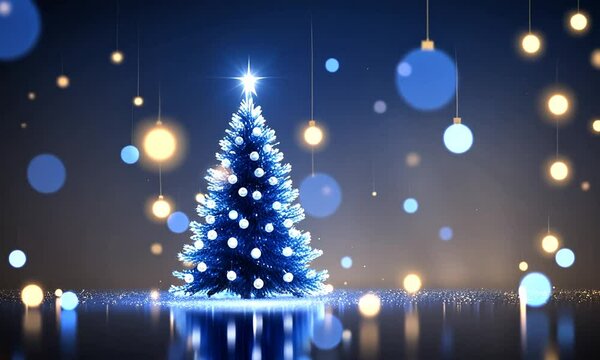 A blue Christmas tree with white ornaments and a star on top stands on a dark blue background with blurred lights.