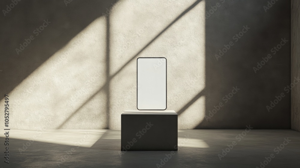 Poster a blank smartphone is centered on a pedestal in a modern, minimalistic room. sunlight streams throug