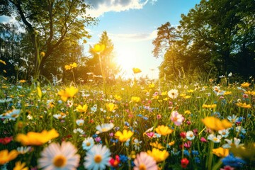 Fototapeta premium A field of flowers with a bright sun shining down on them