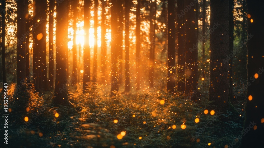 Poster golden sunlight filters through the trees in a lush forest, creating a magical atmosphere.