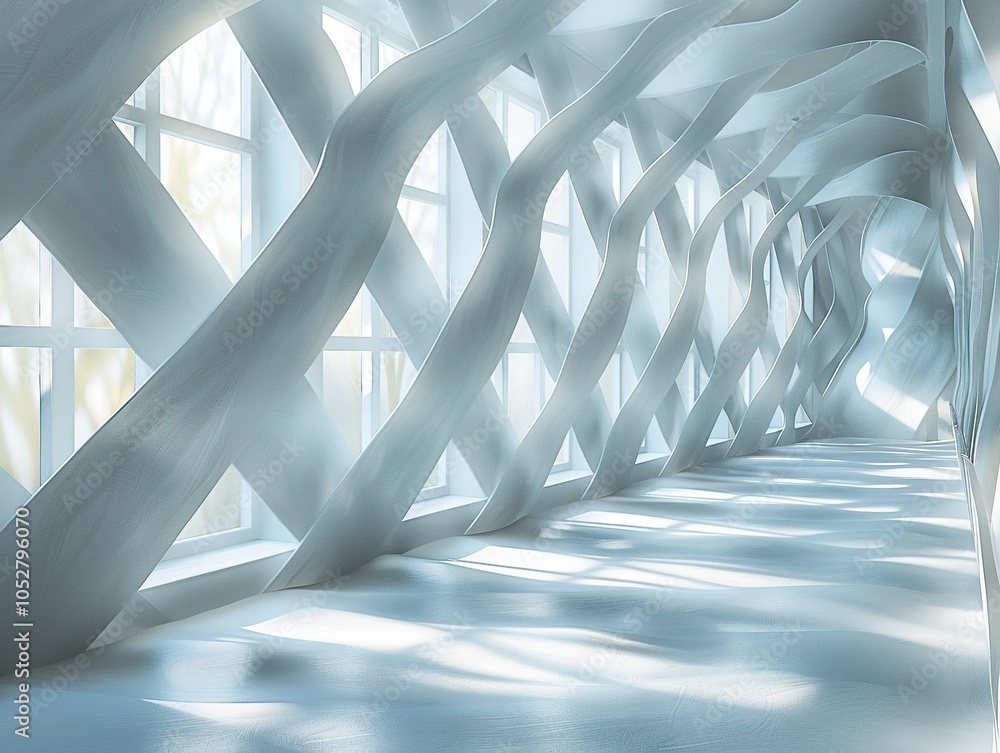 Poster a modern, airy corridor with flowing white structures and large windows, creating a serene atmospher