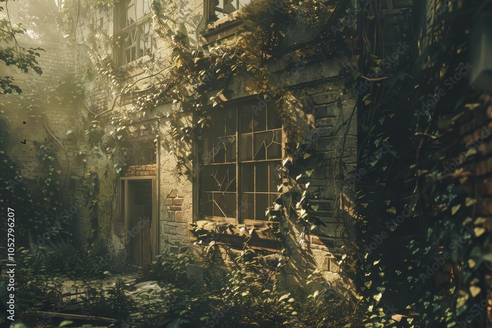 Poster A building with vines growing on it and a window with a broken glass