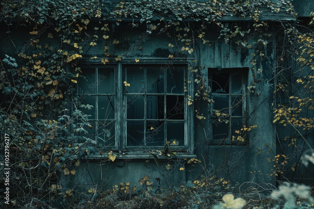 Poster a house with a window that is broken and covered in vines