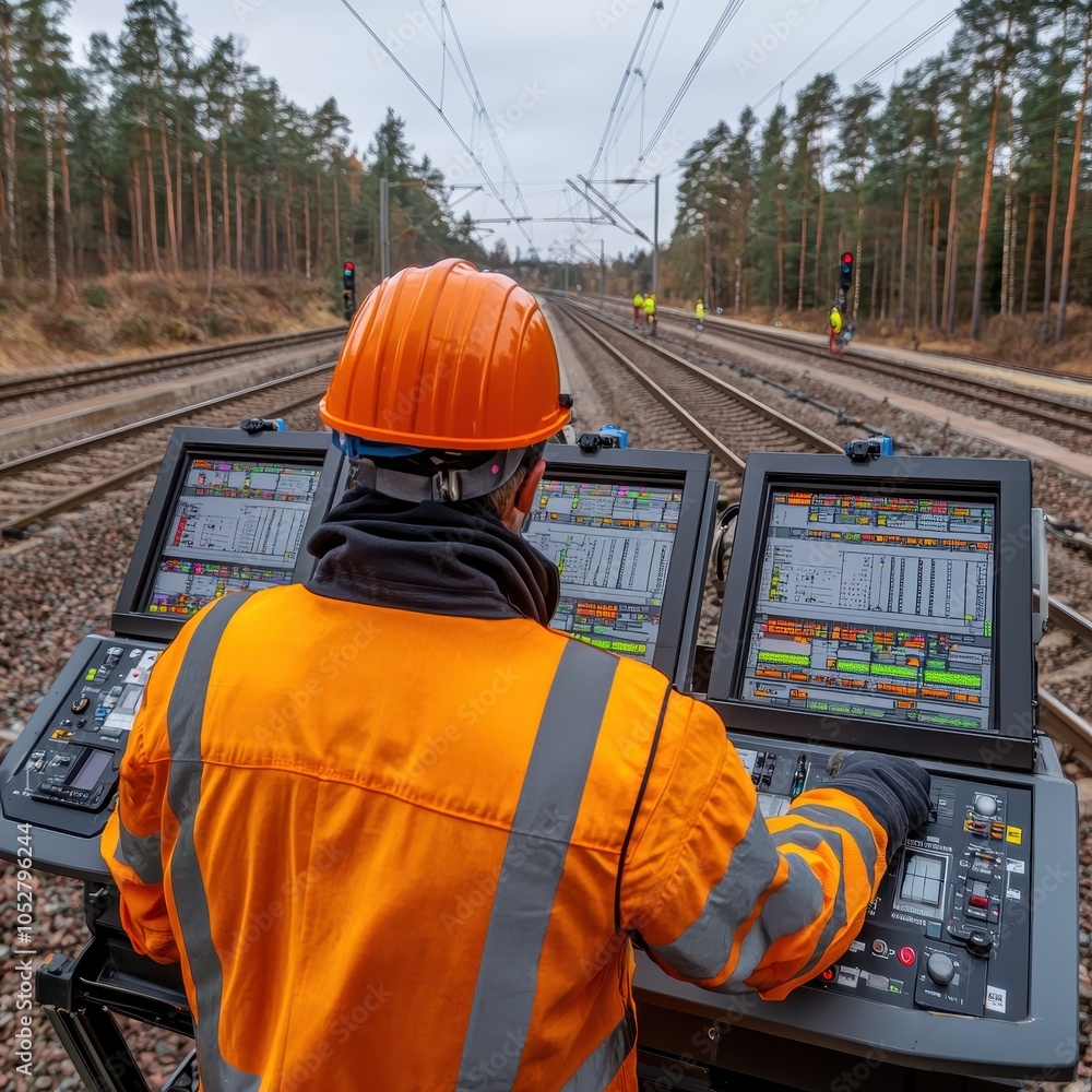 Poster a railway worker controls the railway system with advanced technology in a forested area.