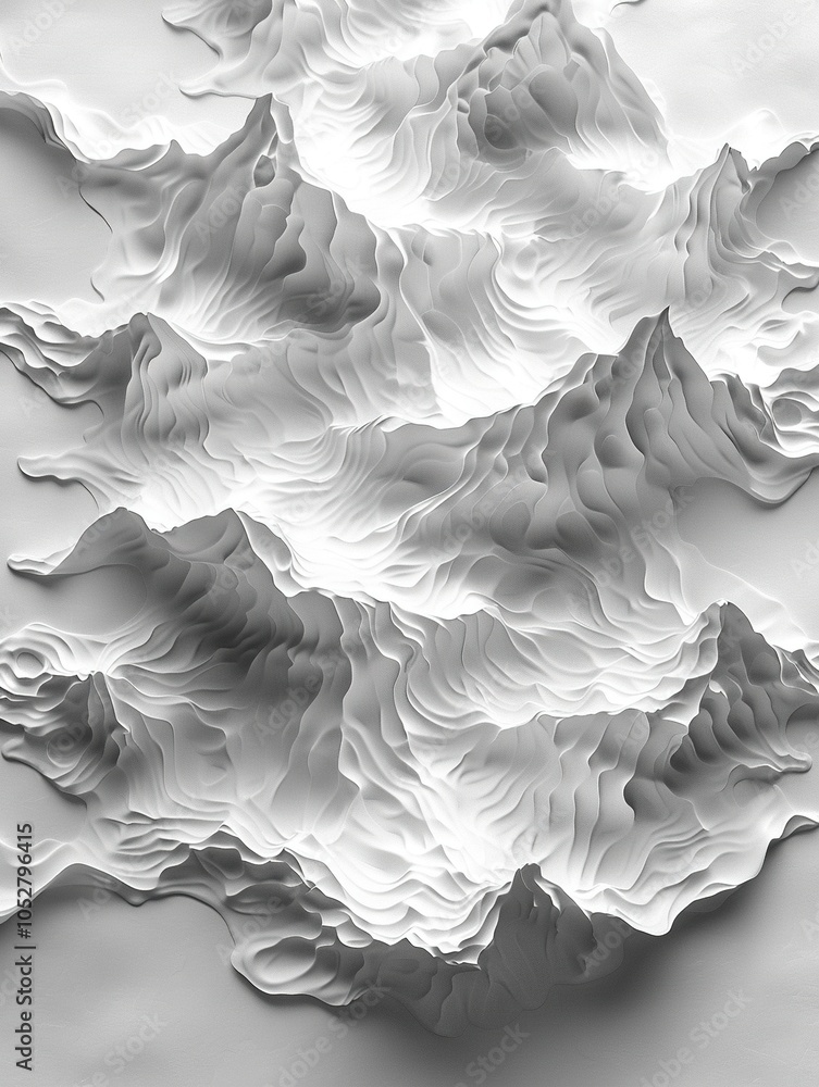 Poster a monochromatic 3d rendering of mountainous terrain with intricate textures and contours.